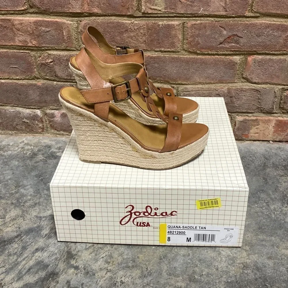 Zodiac Quana Saddle Tan Leather Espadrille Wedge Sandal Size 8